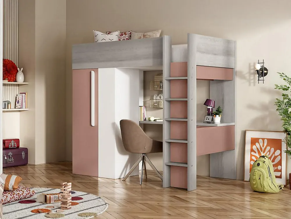 Lit mezzanine 90 x 200 cm avec armoire et bureau - Rose et blanc - NICOLAS>Vente-unique New