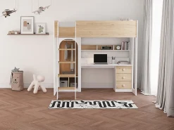 Lit mezzanine 90 x 190 cm avec penderie et bureau - Coloris : Naturel et blanc - ALVENOU>Vente-unique Sale