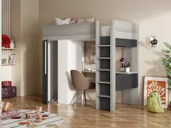 Lit mezzanine 90 x 200 cm avec armoire et bureau - Anthracite et blanc - NICOLAS II>Vente-unique Discount