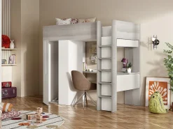 Lit mezzanine 90 x 200 cm avec armoire et bureau - Naturel grisé et blanc - NICOLAS>Vente-unique New