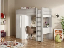 Lit mezzanine 90 x 200 cm avec armoire et bureau - Naturel grisé et blanc - NICOLAS><noscript><img width=