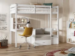 Lit mezzanine 90 x 200 cm avec bureau, sofa convertible et rangements - Pin et MDF - Blanc - GOLIATH III>Vente-unique Best