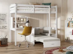 Lit mezzanine 90 x 200 cm avec bureau, sofa convertible et rangements - Pin et MDF - Blanc - GOLIATH III><noscript><img width=