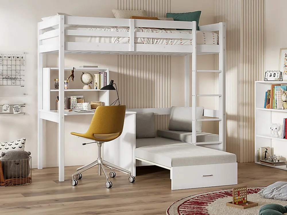 Lit mezzanine 90 x 200 cm avec bureau, sofa convertible et rangements - Pin et MDF - Blanc - GOLIATH III>Vente-unique Best