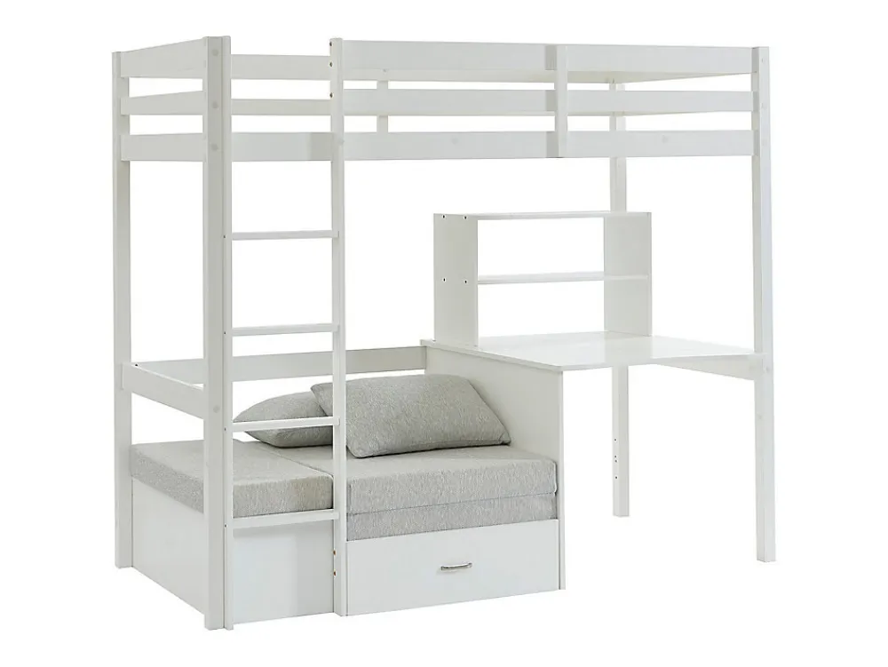 Lit mezzanine 90 x 200 cm avec bureau, sofa convertible et rangements - Pin et MDF - Blanc - GOLIATH III>Vente-unique Best