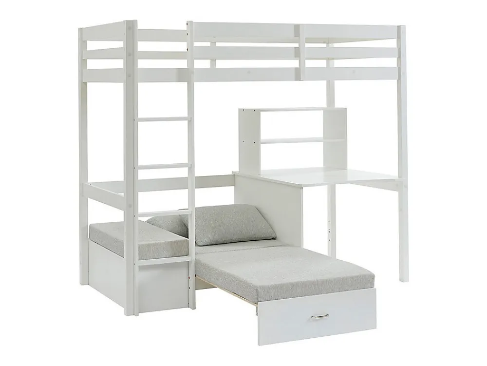 Lit mezzanine 90 x 200 cm avec bureau, sofa convertible et rangements - Pin et MDF - Blanc - GOLIATH III>Vente-unique Best