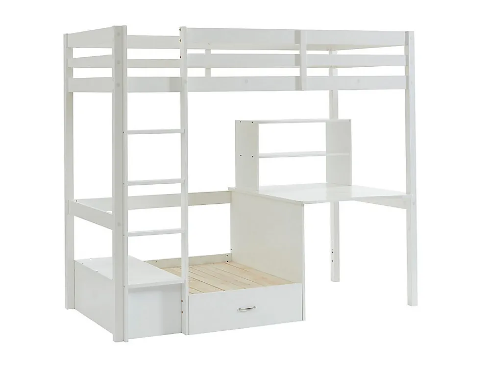 Lit mezzanine 90 x 200 cm avec bureau, sofa convertible et rangements - Pin et MDF - Blanc - GOLIATH III>Vente-unique Best