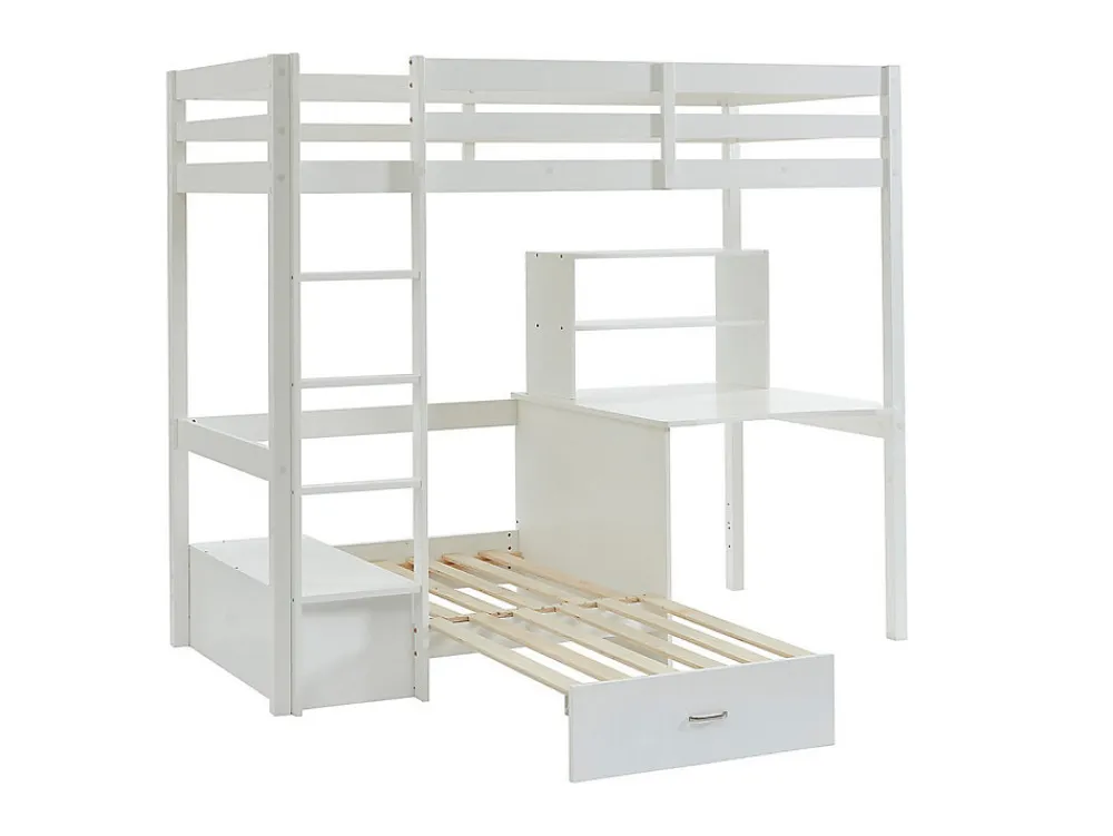 Lit mezzanine 90 x 200 cm avec bureau, sofa convertible et rangements - Pin et MDF - Blanc - GOLIATH III>Vente-unique Best