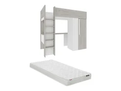 Lit mezzanine 90 x 200 cm avec armoire et bureau - Naturel grisé et blanc + Matelas - NICOLAS>Vente-unique Online