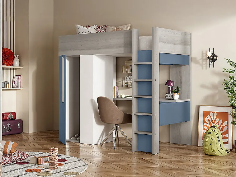 Lit mezzanine 90 x 200 cm avec armoire et bureau - Bleu et blanc - NICOLAS>Vente-unique Online