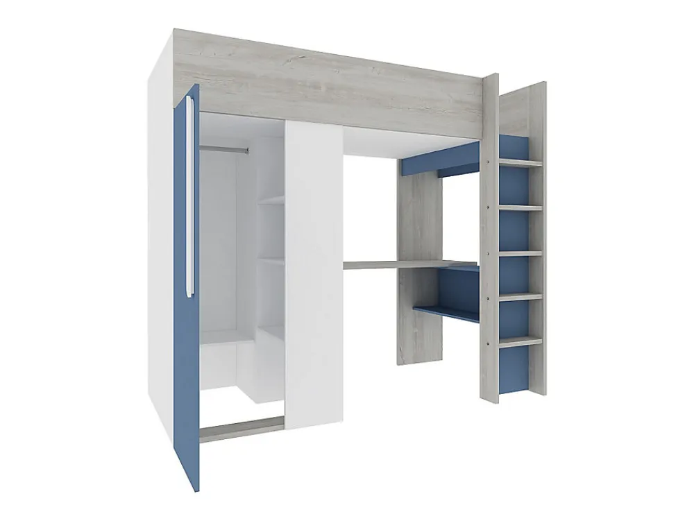 Lit mezzanine 90 x 200 cm avec armoire et bureau - Bleu et blanc - NICOLAS>Vente-unique Online