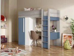 Lit mezzanine 90 x 200 cm avec armoire et bureau - Bleu et blanc - NICOLAS><noscript><img width=