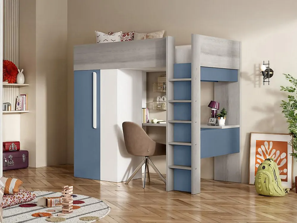 Lit mezzanine 90 x 200 cm avec armoire et bureau - Bleu et blanc - NICOLAS>Vente-unique Online