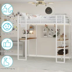 Okwish Lit Mezzanine Ado 90x190 cm - avec Bureau et Échelle Montable Gauche Droite, Garde-Corps, Structure en Métal, sans Matelas, Blanc* Lit Mezzanine