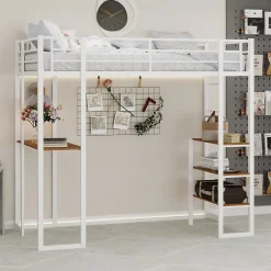Okwish Lit Mezzanine Ado 90x190 cm - avec Bureau et Échelle Montable Gauche Droite, Garde-Corps, Structure en Métal, sans Matelas, Blanc* Lit Mezzanine