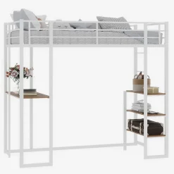 Okwish Lit Mezzanine Ado 90x190 cm - avec Bureau et Échelle Montable Gauche Droite, Garde-Corps, Structure en Métal, sans Matelas, Blanc* Lit Mezzanine