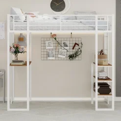 Okwish Lit Mezzanine Ado 90x190 cm - avec Bureau et Échelle Montable Gauche Droite, Garde-Corps, Structure en Métal, sans Matelas, Blanc* Lit Mezzanine