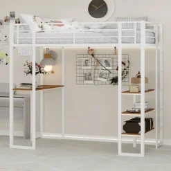 Okwish Lit Mezzanine Ado 90x190 cm - avec Bureau et Échelle Montable Gauche Droite, Garde-Corps, Structure en Métal, sans Matelas, Blanc* Lit Mezzanine