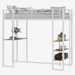 Okwish Lit Mezzanine Ado 90x190 cm - avec Bureau et Échelle Montable Gauche Droite, Garde-Corps, Structure en Métal, sans Matelas, Blanc* Lit Mezzanine