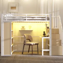 Okwish Lit Mezzanine Ado 90x200 cm - avec LED Intégrée, Bureau et Compartiment de Rangement - Escalier de Rangement - Métal + MDF - Blanc* Lit Mezzanine