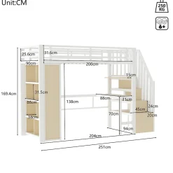 Okwish Lit Mezzanine Ado 90x200 cm - avec LED Intégrée, Bureau et Compartiment de Rangement - Escalier de Rangement - Métal + MDF - Blanc* Lit Mezzanine