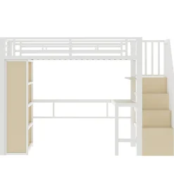 Okwish Lit Mezzanine Ado 90x200 cm - avec LED Intégrée, Bureau et Compartiment de Rangement - Escalier de Rangement - Métal + MDF - Blanc* Lit Mezzanine