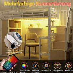 Okwish Lit Mezzanine Ado 90x200 cm - avec LED Intégrée, Bureau et Compartiment de Rangement - Escalier de Rangement - Métal + MDF - Blanc* Lit Mezzanine