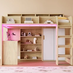 Lit Mezzanine Ado 90x200 cm - Bureau et Armoire Intégrés, LED et Prise Électrique - Sommier Inclus - Sans Matelas - Bois Naturel>Okwish Discount