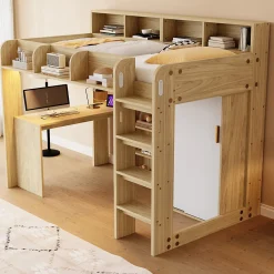 Lit Mezzanine Ado 90x200 cm - Bureau et Armoire Intégrés, LED et Prise Électrique - Sommier Inclus - Sans Matelas - Bois Naturel>Okwish Discount