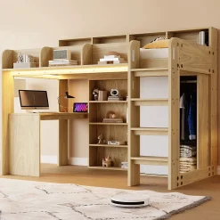 Lit Mezzanine Ado 90x200 cm - Bureau et Armoire Intégrés, LED et Prise Électrique - Sommier Inclus - Sans Matelas - Bois Naturel><noscript><img width=