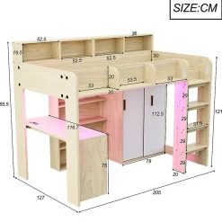 Lit Mezzanine Ado 90x200 cm - Bureau et Armoire Intégrés, LED et Prise Électrique - Sommier Inclus - Sans Matelas - Bois Naturel><noscript><img width=