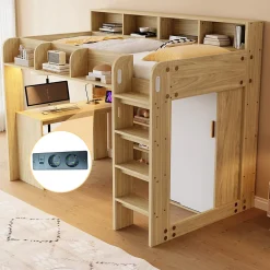 Lit Mezzanine Ado 90x200 cm - Bureau et Armoire Intégrés, LED et Prise Électrique - Sommier Inclus - Sans Matelas - Bois Naturel><noscript><img width=