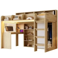 Lit Mezzanine Ado 90x200 cm - Bureau et Armoire Intégrés, LED et Prise Électrique - Sommier Inclus - Sans Matelas - Bois Naturel><noscript><img width=