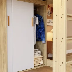 Lit Mezzanine Ado 90x200 cm - Bureau et Armoire Intégrés, LED et Prise Électrique - Sommier Inclus - Sans Matelas - Bois Naturel><noscript><img width=