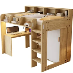 Lit Mezzanine Ado 90x200 cm - Bureau et Armoire Intégrés, LED et Prise Électrique - Sommier Inclus - Sans Matelas - Bois Naturel><noscript><img width=