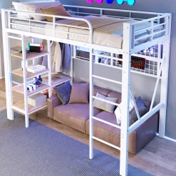 Lit Mezzanine Ado 90x200 cm - LED Intégrée, Étagères et Rangements avec Portant Vêtements, Structure Métal/MDF, Blanc>Okwish Discount