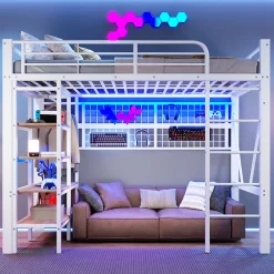 Lit Mezzanine Ado 90x200 cm - LED Intégrée, Étagères et Rangements avec Portant Vêtements, Structure Métal/MDF, Blanc>Okwish Discount
