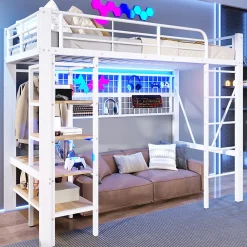 Lit Mezzanine Ado 90x200 cm - LED Intégrée, Étagères et Rangements avec Portant Vêtements, Structure Métal/MDF, Blanc><noscript><img width=