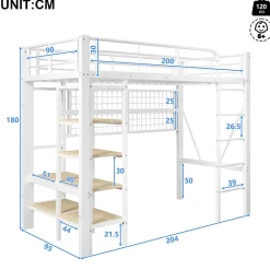 Lit Mezzanine Ado 90x200 cm - LED Intégrée, Étagères et Rangements avec Portant Vêtements, Structure Métal/MDF, Blanc><noscript><img width=
