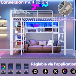 Lit Mezzanine Ado 90x200 cm - LED Intégrée, Étagères et Rangements avec Portant Vêtements, Structure Métal/MDF, Blanc><noscript><img width=