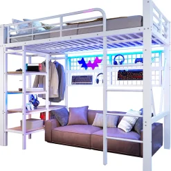 Lit Mezzanine Ado 90x200 cm - LED Intégrée, Étagères et Rangements avec Portant Vêtements, Structure Métal/MDF, Blanc><noscript><img width=
