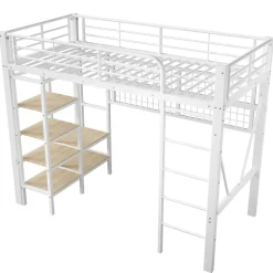 Lit Mezzanine Ado 90x200 cm - LED Intégrée, Étagères et Rangements avec Portant Vêtements, Structure Métal/MDF, Blanc><noscript><img width=