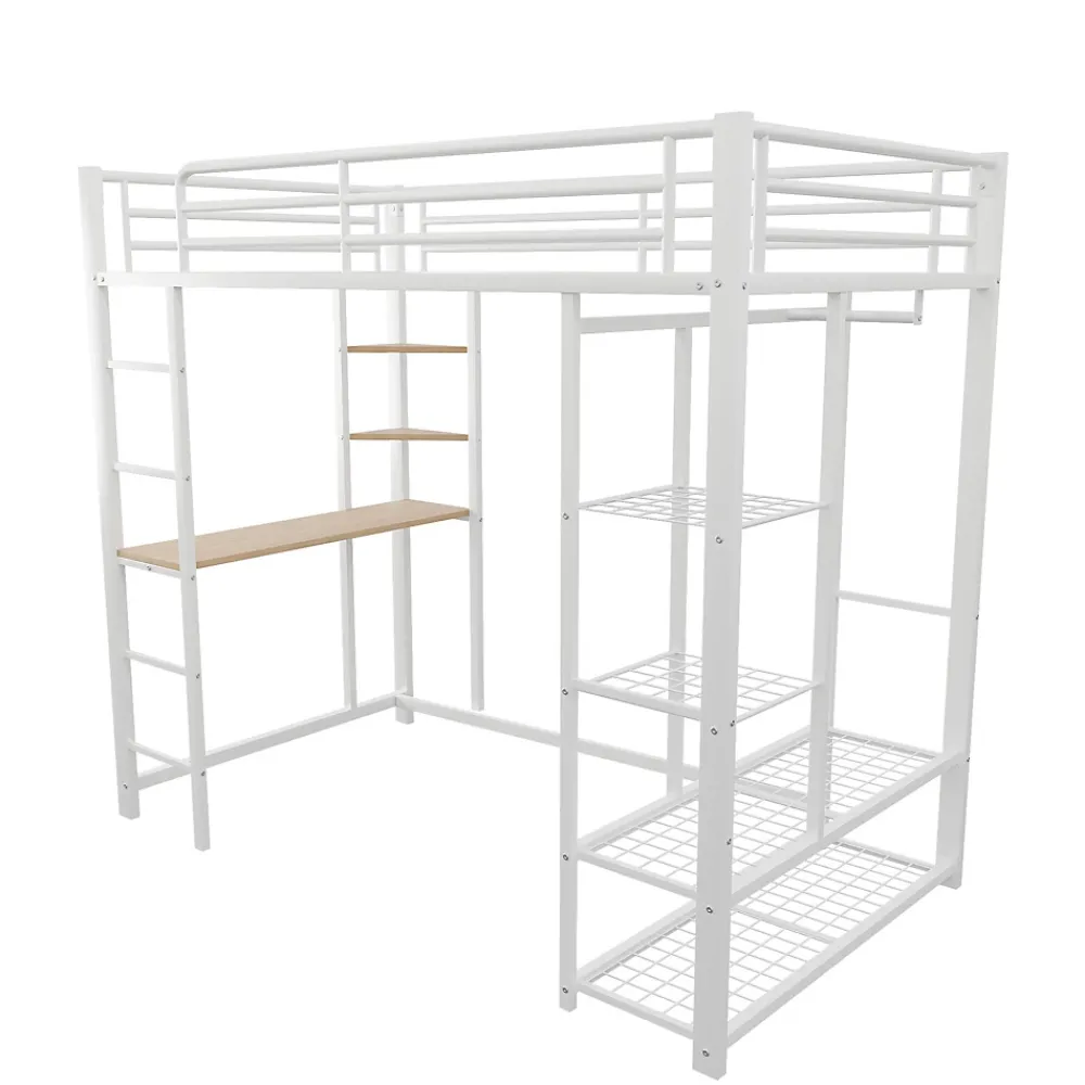 Okwish Lit mezzanine ado 90x200 cm avec bureau intégré, échelle et rangement pratique - structure métal et MDF robuste blanc* Lit Mezzanine