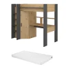Lit mezzanine avec bureau et armoire - 90 x 200 cm - Coloris : Chêne et anthracite + matelas - AUCKLAND>Vente-unique Outlet