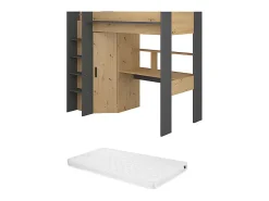 Lit mezzanine avec bureau et armoire - 90 x 200 cm - Coloris : Chêne et anthracite + matelas - AUCKLAND>Vente-unique Outlet