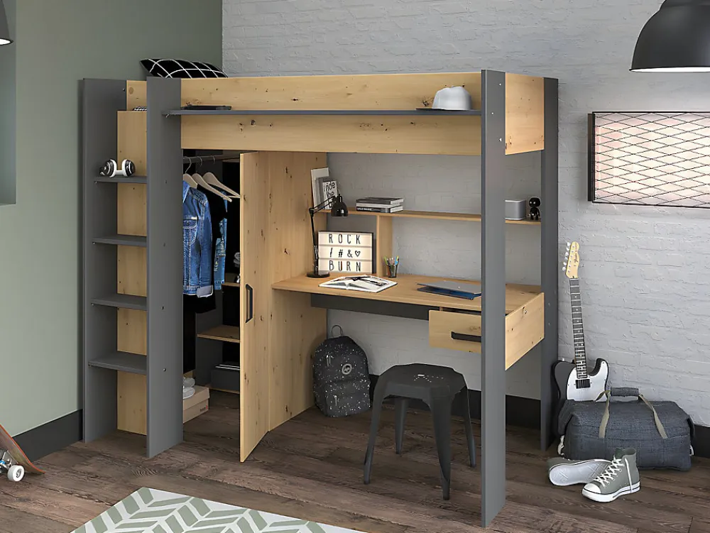 Lit mezzanine avec bureau et armoire - 90 x 200 cm - Coloris : Chêne et anthracite + matelas - AUCKLAND>Vente-unique Outlet