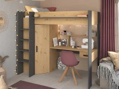 Lit mezzanine avec bureau et armoire - 90 x 200 cm - Coloris : Chêne et anthracite + matelas - AUCKLAND><noscript><img width=