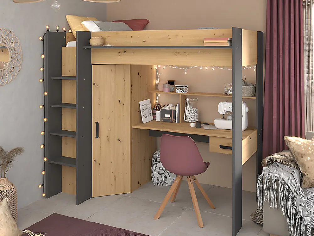 Lit mezzanine avec bureau et armoire - 90 x 200 cm - Coloris : Chêne et anthracite + matelas - AUCKLAND>Vente-unique Outlet