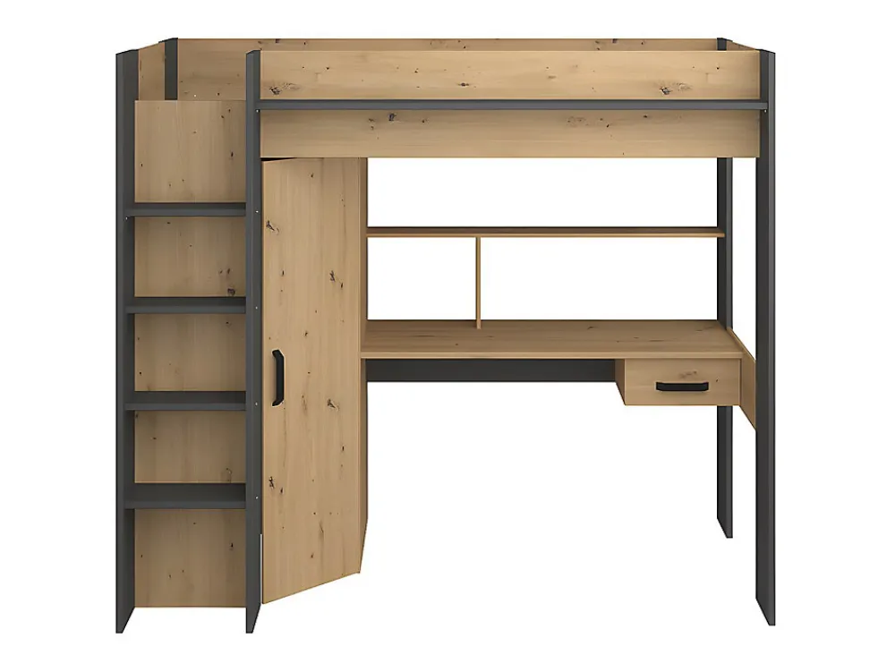 Lit mezzanine avec bureau et armoire - 90 x 200 cm - Coloris : Chêne et anthracite + matelas - AUCKLAND>Vente-unique Outlet