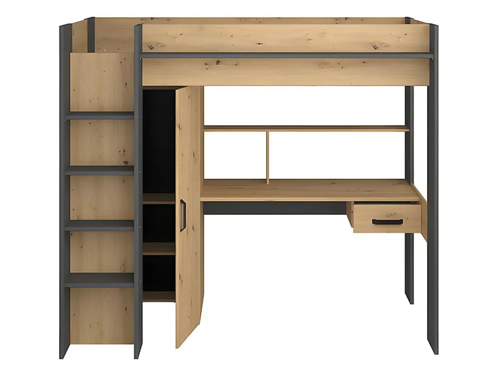 Lit mezzanine avec bureau et armoire - 90 x 200 cm - Coloris : Chêne et anthracite + matelas - AUCKLAND>Vente-unique Outlet